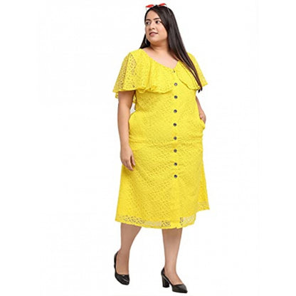 Generic Women's Net Solid Knee Length Fit and Flare Dress (Yellow)