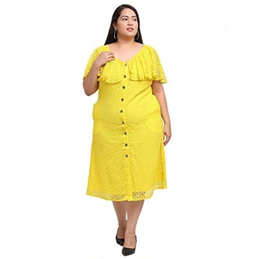 Generic Women's Net Solid Knee Length Fit and Flare Dress (Yellow)