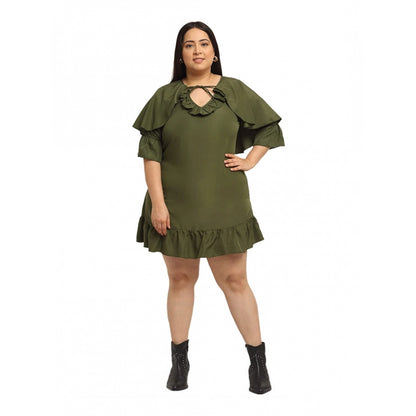 Generic Women's Crepe Solid Knee Length Fit and Flare Dress (Olive Green)