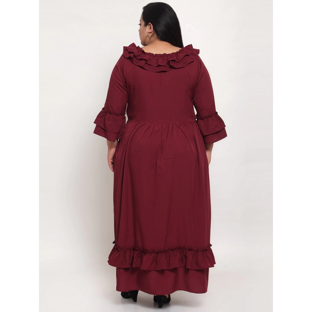 Generic Women's Crepe Solid Full Length Fit and Flare Dress (Maroon)