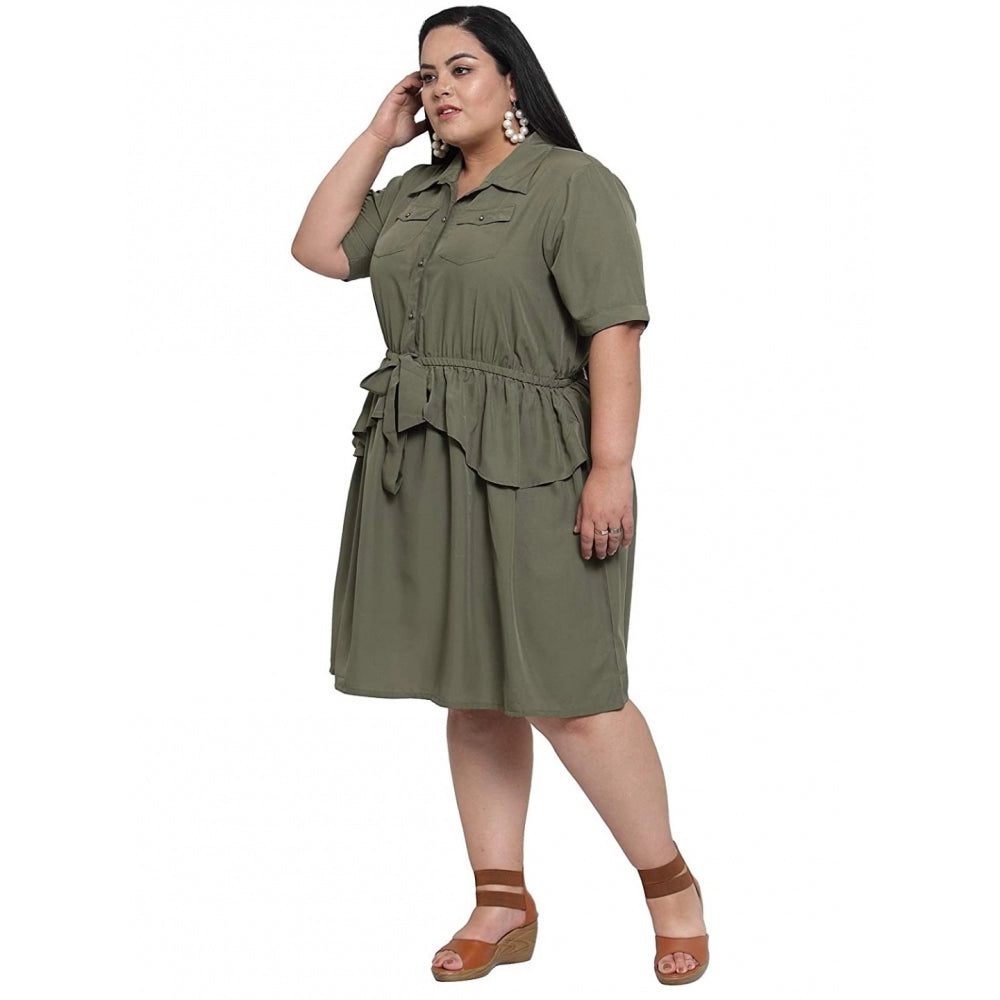 Generic Women's Crepe Solid Knee Length Fit and Flare Dress (Olive Green)