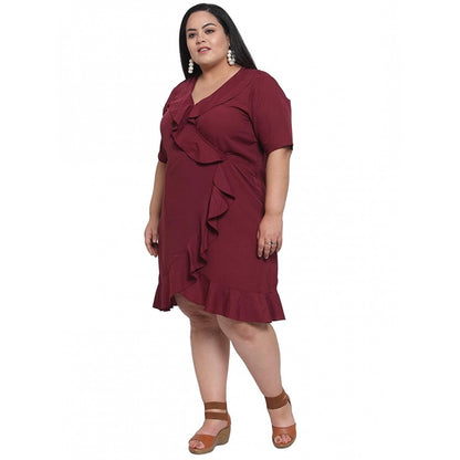 Generic Women's Crepe Solid Knee Length Fit and Flare Dress (Maroon)