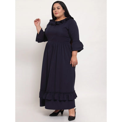 Generic Women's Crepe Solid Full Length Fit and Flare Dress (Navy Blue)