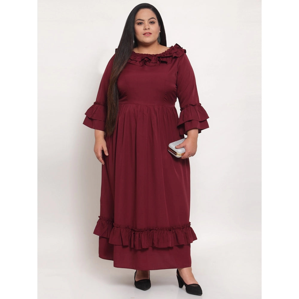 Generic Women's Crepe Solid Full Length Fit and Flare Dress (Maroon)