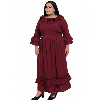 Generic Women's Crepe Solid Full Length Fit and Flare Dress (Maroon)