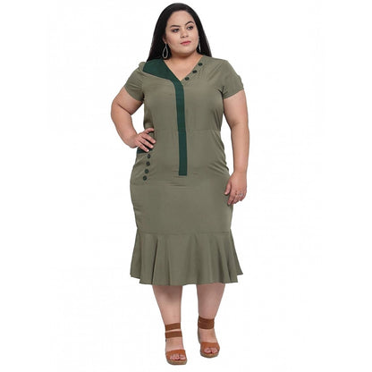 Generic Women's Crepe Solid Knee Length Fit and Flare Dress (Olive Green)