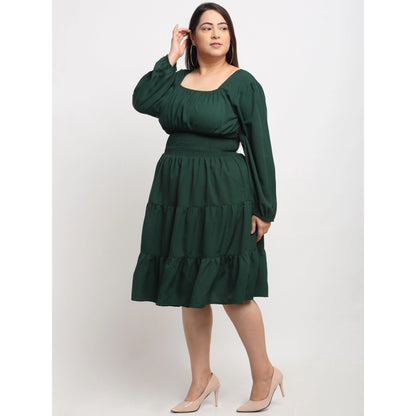 Generic Women's Crepe Solid Knee Length Fit and Flare Dress (Bottle Green)