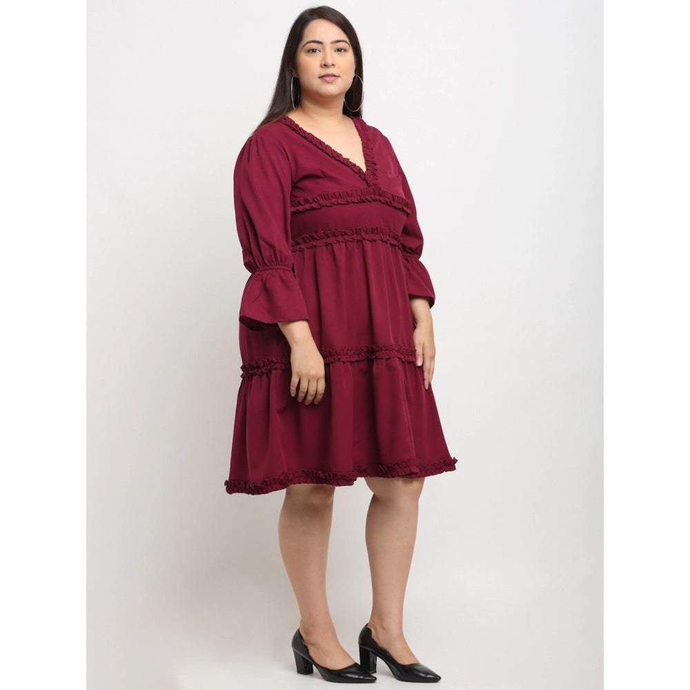 Generic Women's Crepe Solid Knee Length Fit and Flare Dress (Maroon)