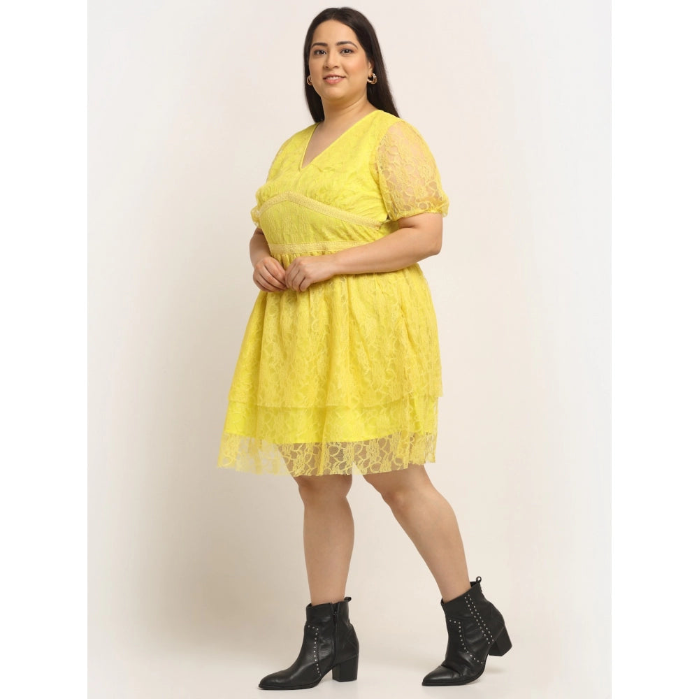 Generic Women's Net Solid Knee Length Fit and Flare Dress (Yellow)