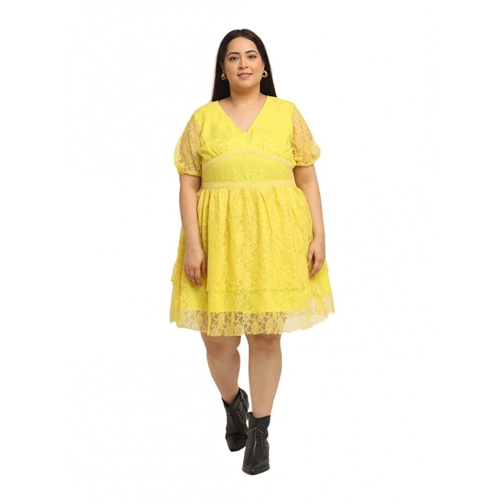 Generic Women's Net Solid Knee Length Fit and Flare Dress (Yellow)