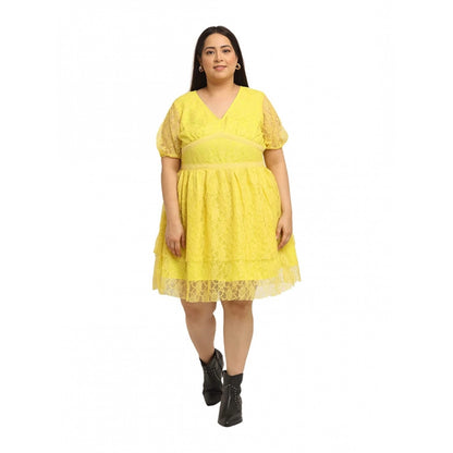 Generic Women's Net Solid Knee Length Fit and Flare Dress (Yellow)