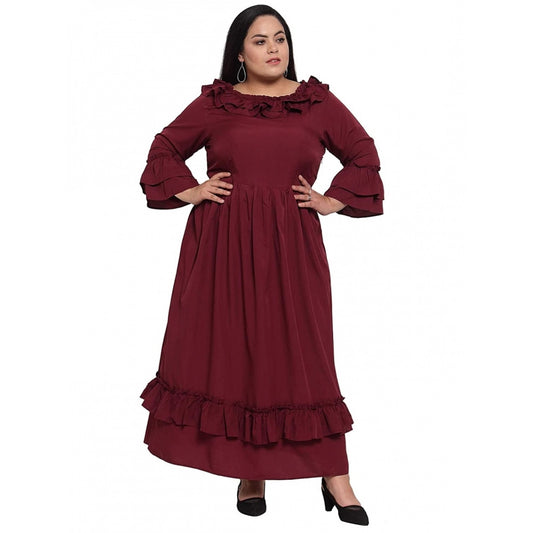 Generic Women's Crepe Solid Full Length Fit and Flare Dress (Maroon)