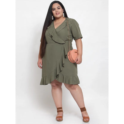 Generic Women's Crepe Solid Knee Length Fit and Flare Dress (Olive Green)