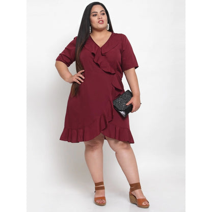 Generic Women's Crepe Solid Knee Length Fit and Flare Dress (Maroon)