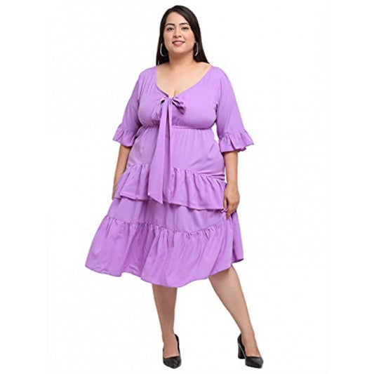 Generic Women's Crepe Solid Knee Length Fit and Flare Dress (Purple)