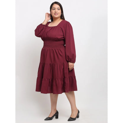 Generic Women's Crepe Solid Knee Length Fit and Flare Dress (Maroon)