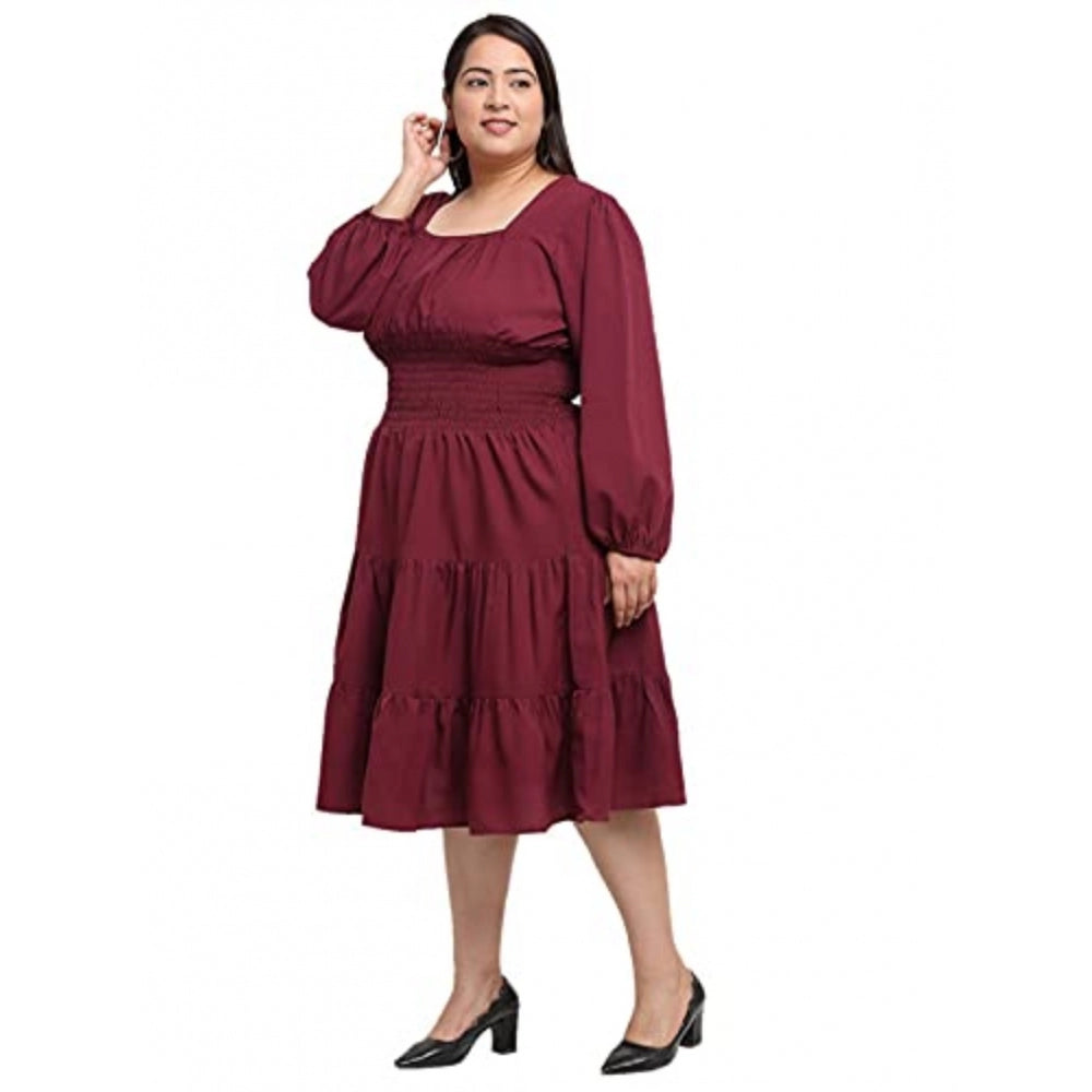 Generic Women's Crepe Solid Knee Length Fit and Flare Dress (Maroon)