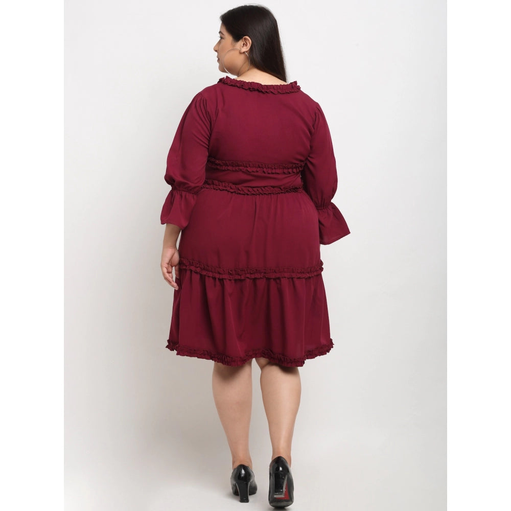 Generic Women's Crepe Solid Knee Length Fit and Flare Dress (Maroon)