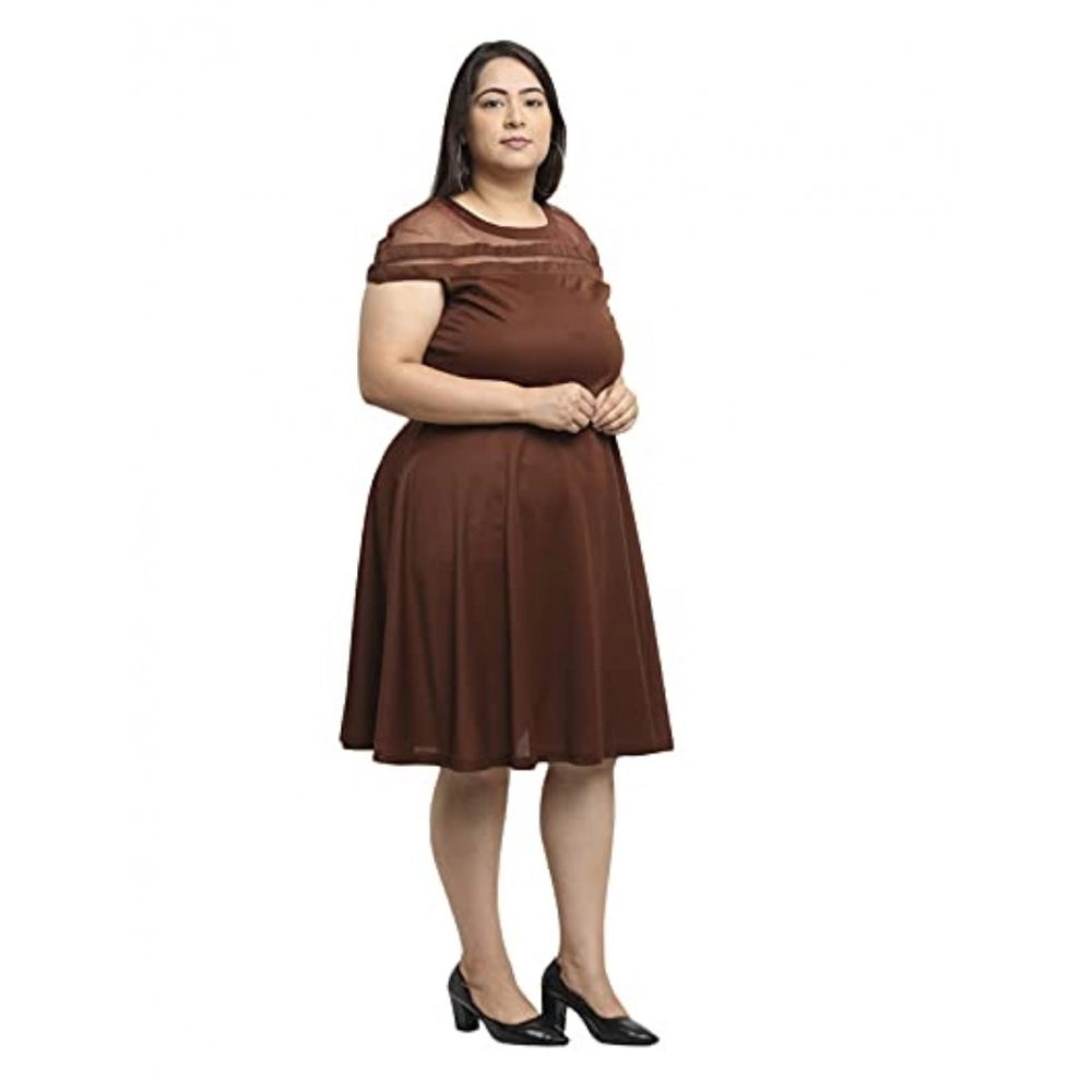 Generic Women's Hojri Solid Knee Length Fit and Flare Dress (Brown)