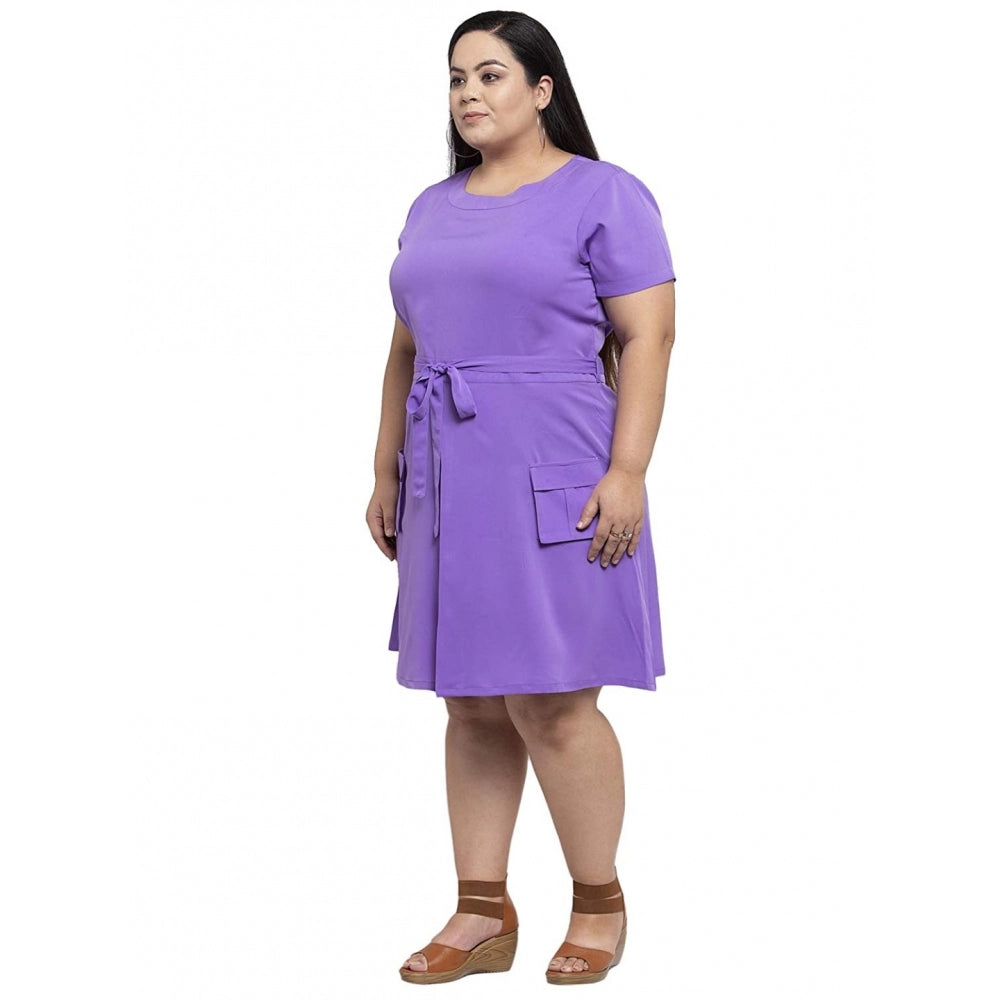 Generic Women's Crepe Solid Knee Length Fit and Flare Dress (Purple)