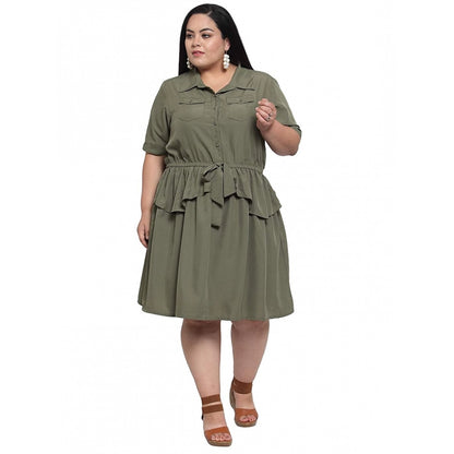 Generic Women's Crepe Solid Knee Length Fit and Flare Dress (Olive Green)