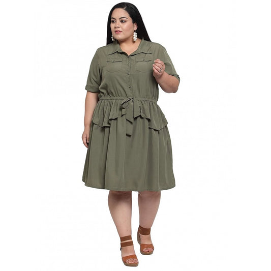 Generic Women's Crepe Solid Knee Length Fit and Flare Dress (Olive Green)