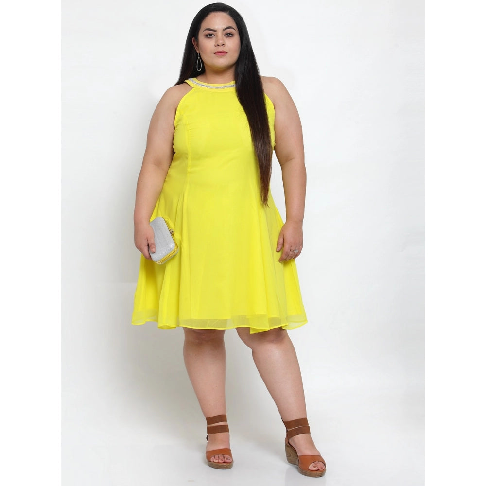 Generic Women's Georgette Solid Knee Length Fit and Flare Dress (Yellow)