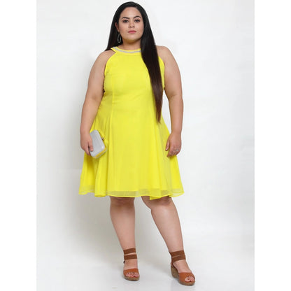 Generic Women's Georgette Solid Knee Length Fit and Flare Dress (Yellow)