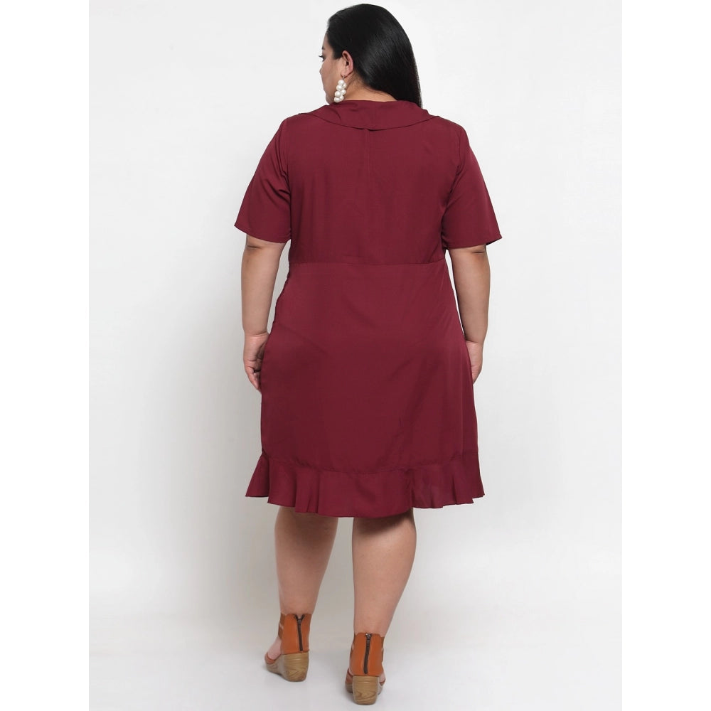 Generic Women's Crepe Solid Knee Length Fit and Flare Dress (Maroon)