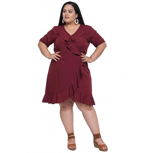 Generic Women's Crepe Solid Knee Length Fit and Flare Dress (Maroon)