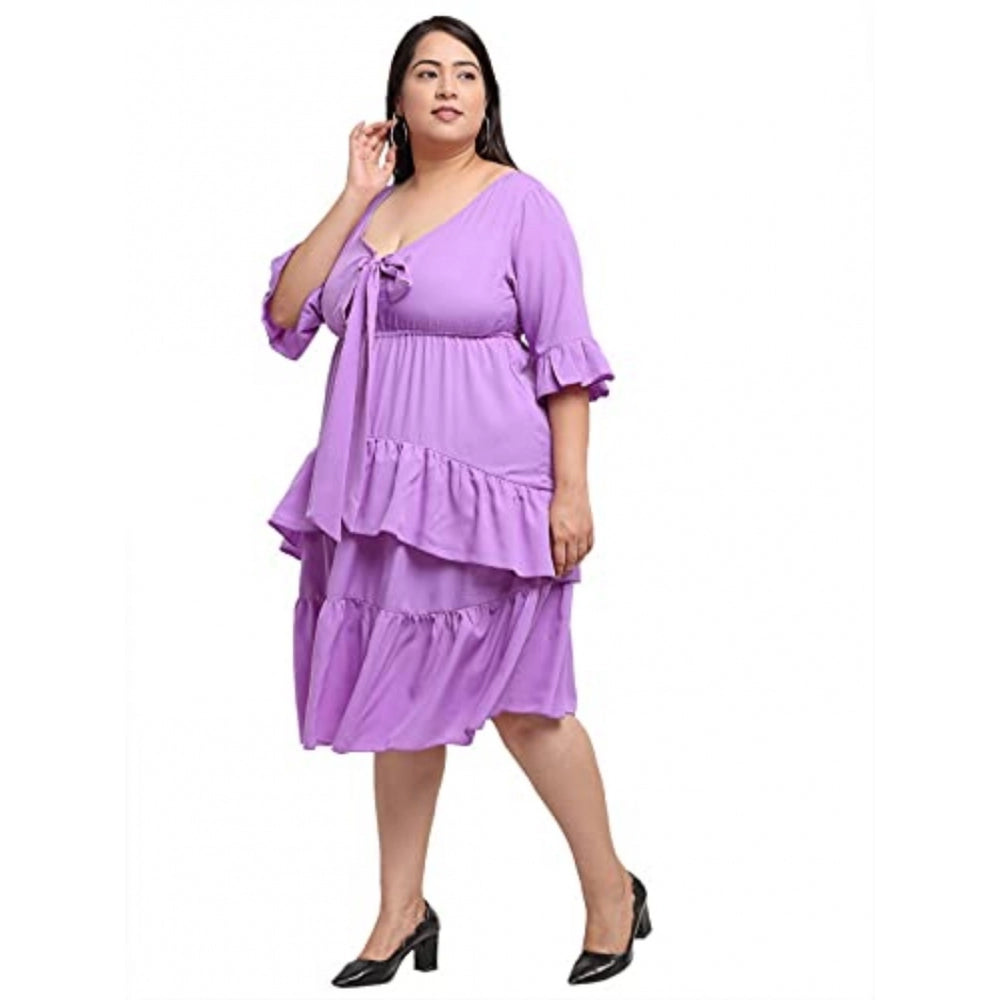 Generic Women's Crepe Solid Knee Length Fit and Flare Dress (Purple)