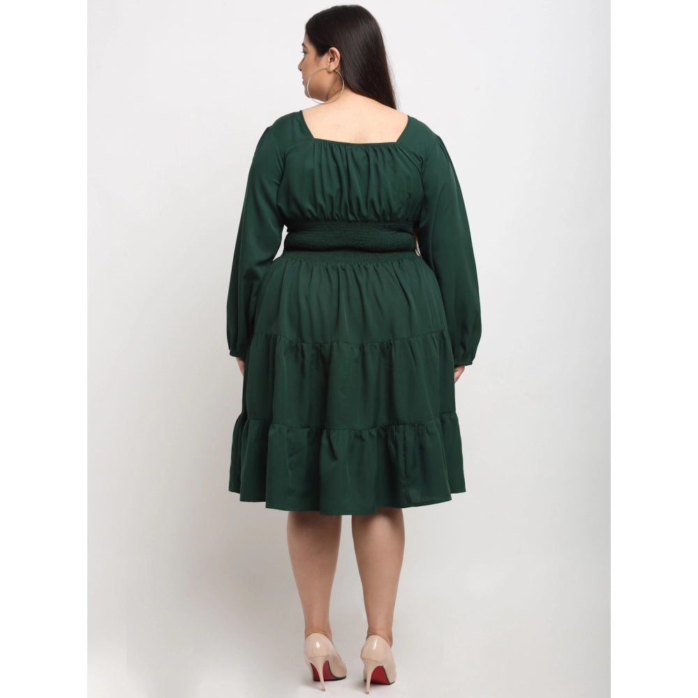 Generic Women's Crepe Solid Knee Length Fit and Flare Dress (Bottle Green)