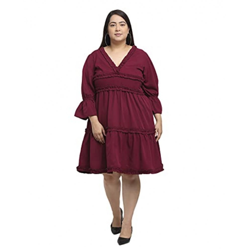 Generic Women's Crepe Solid Knee Length Fit and Flare Dress (Maroon)