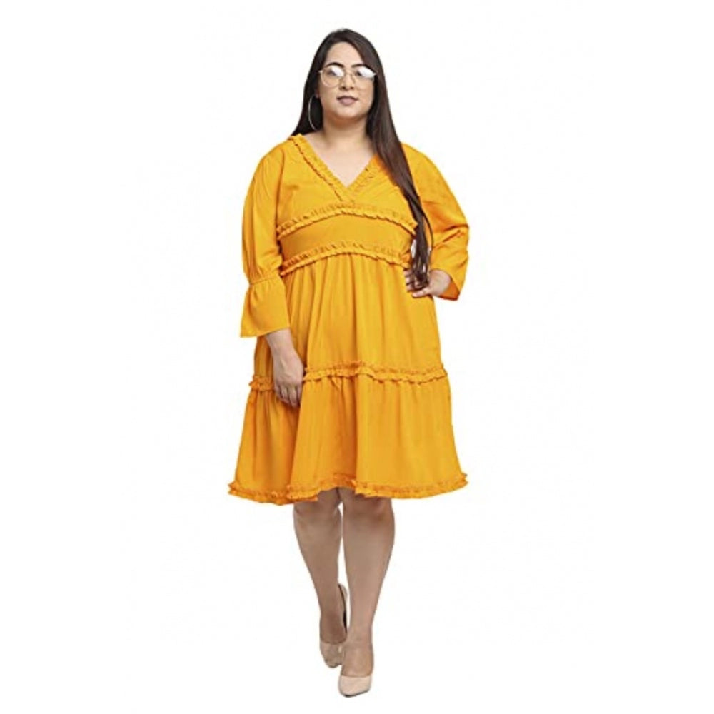 Generic Women's Crepe Solid Knee Length Fit and Flare Dress (Yellow)