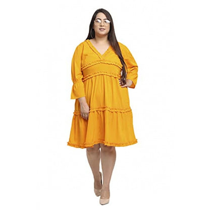 Generic Women's Crepe Solid Knee Length Fit and Flare Dress (Yellow)