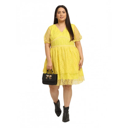 Generic Women's Net Solid Knee Length Fit and Flare Dress (Yellow)