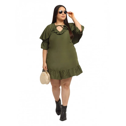 Generic Women's Crepe Solid Knee Length Fit and Flare Dress (Olive Green)