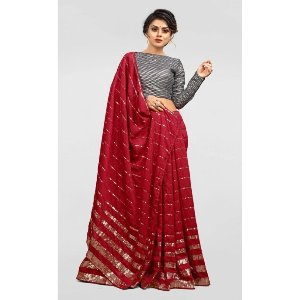 Generic Women's Vichitra Saree with Blouse (Red, 5-6 Mtrs)