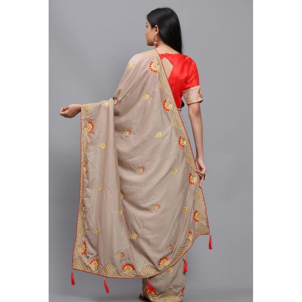 Generic Women's Vichitra Saree with Blouse (Chiku, 5-6 Mtrs)