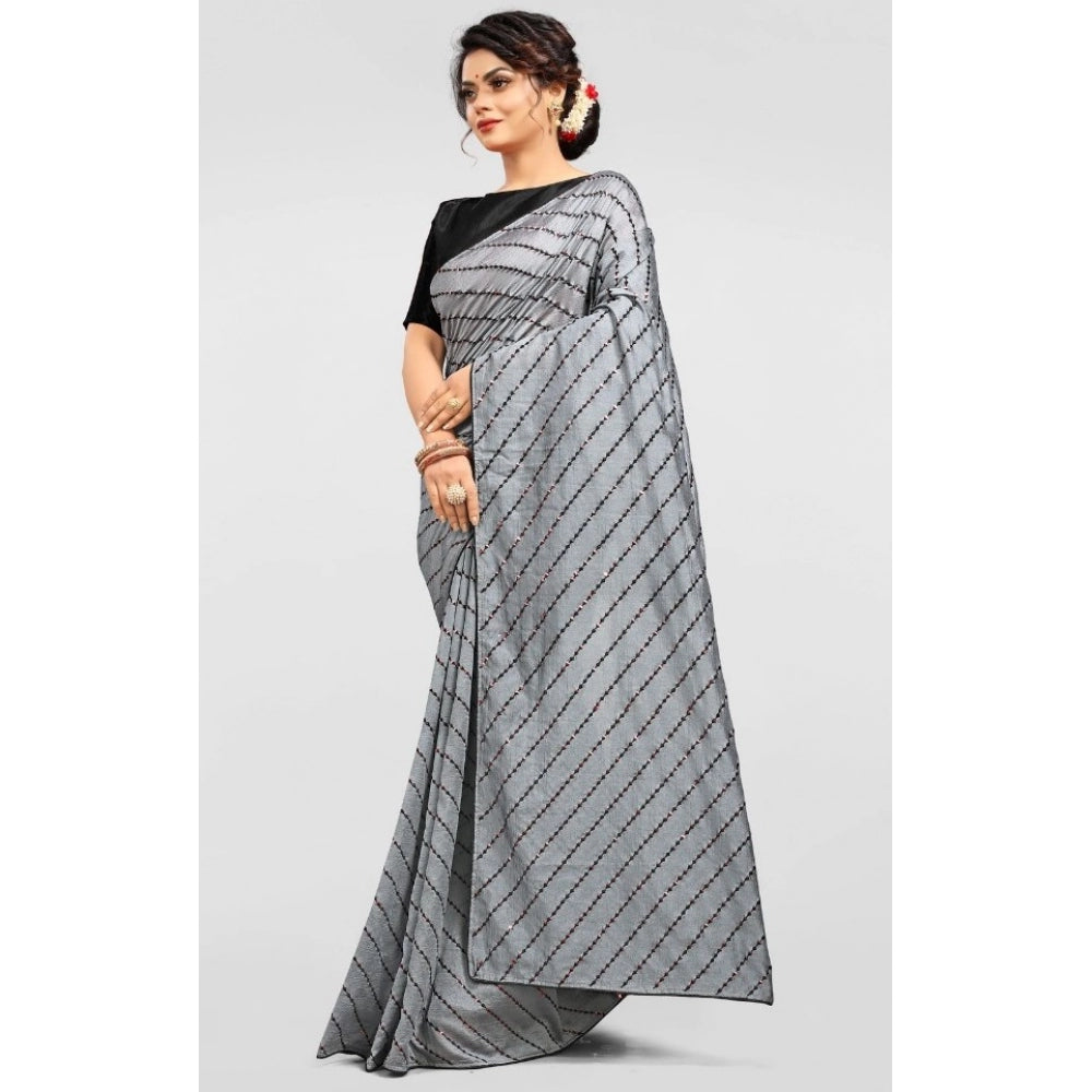 Generic Women's Vichitra Saree with Blouse (Grey, 5-6 Mtrs)