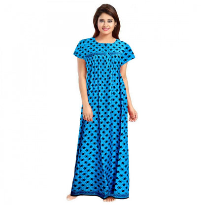 Generic Women's Cotton Printed Maxi Nighty (Aqua Blue)