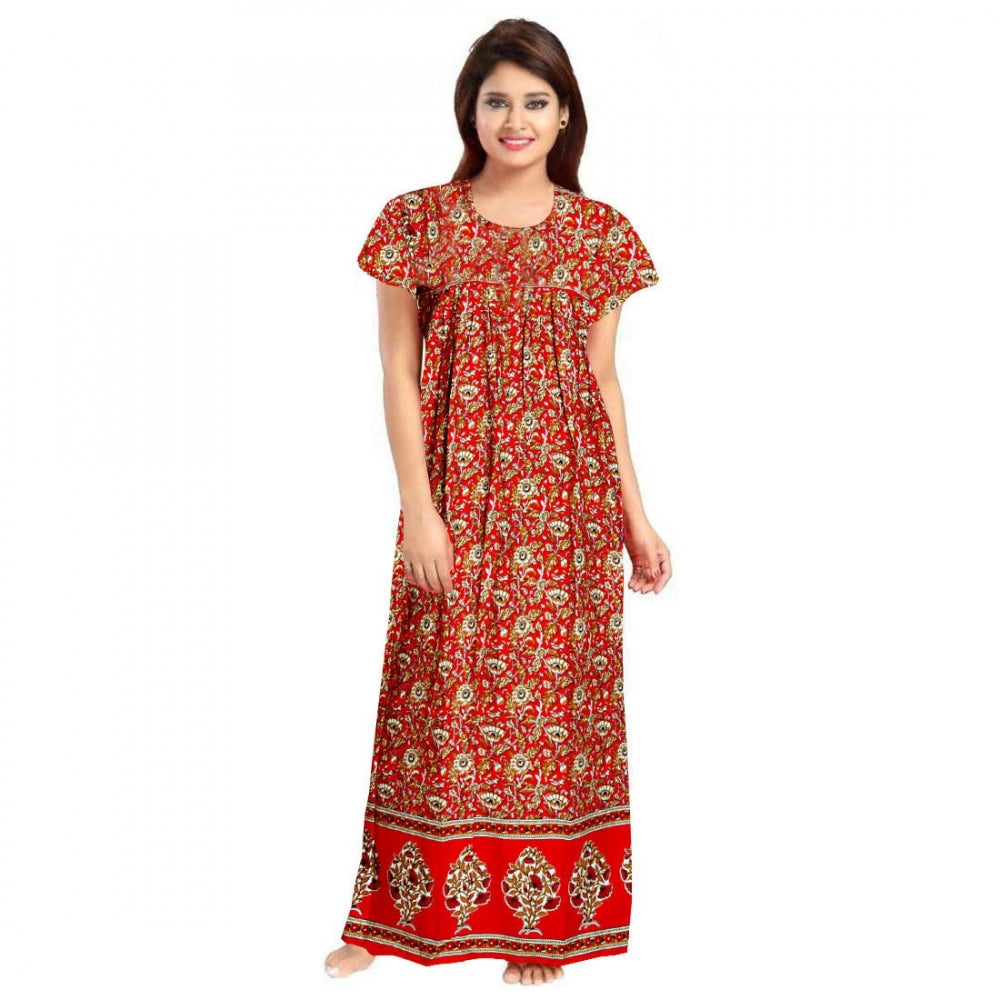 Generic Women's Cotton Printed Maxi Nighty (Red)