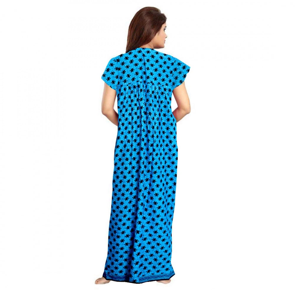 Generic Women's Cotton Printed Maxi Nighty (Aqua Blue)