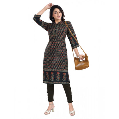 Generic Women's 3/4th Sleeve Cotton Blend Tunic Long Kurti (Black)