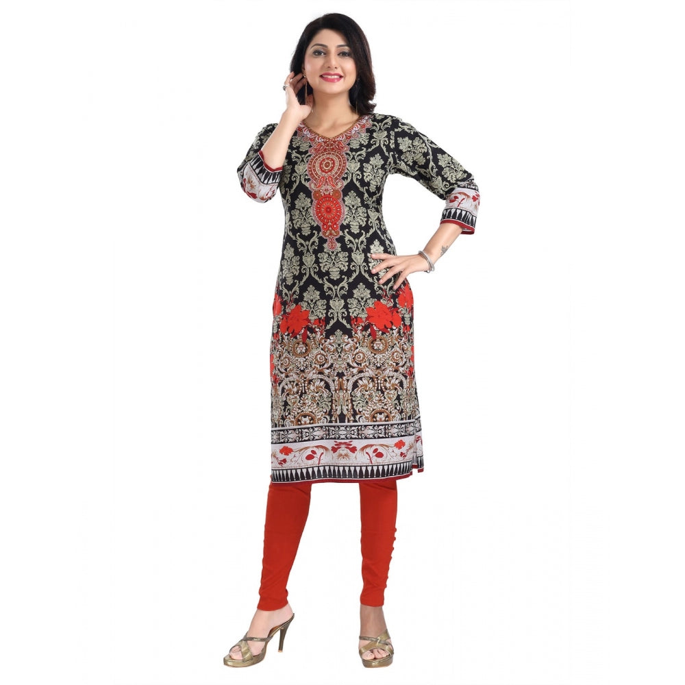 Generic Women's 3/4th Sleeve Cotton Blend Tunic Long Kurti (Black)