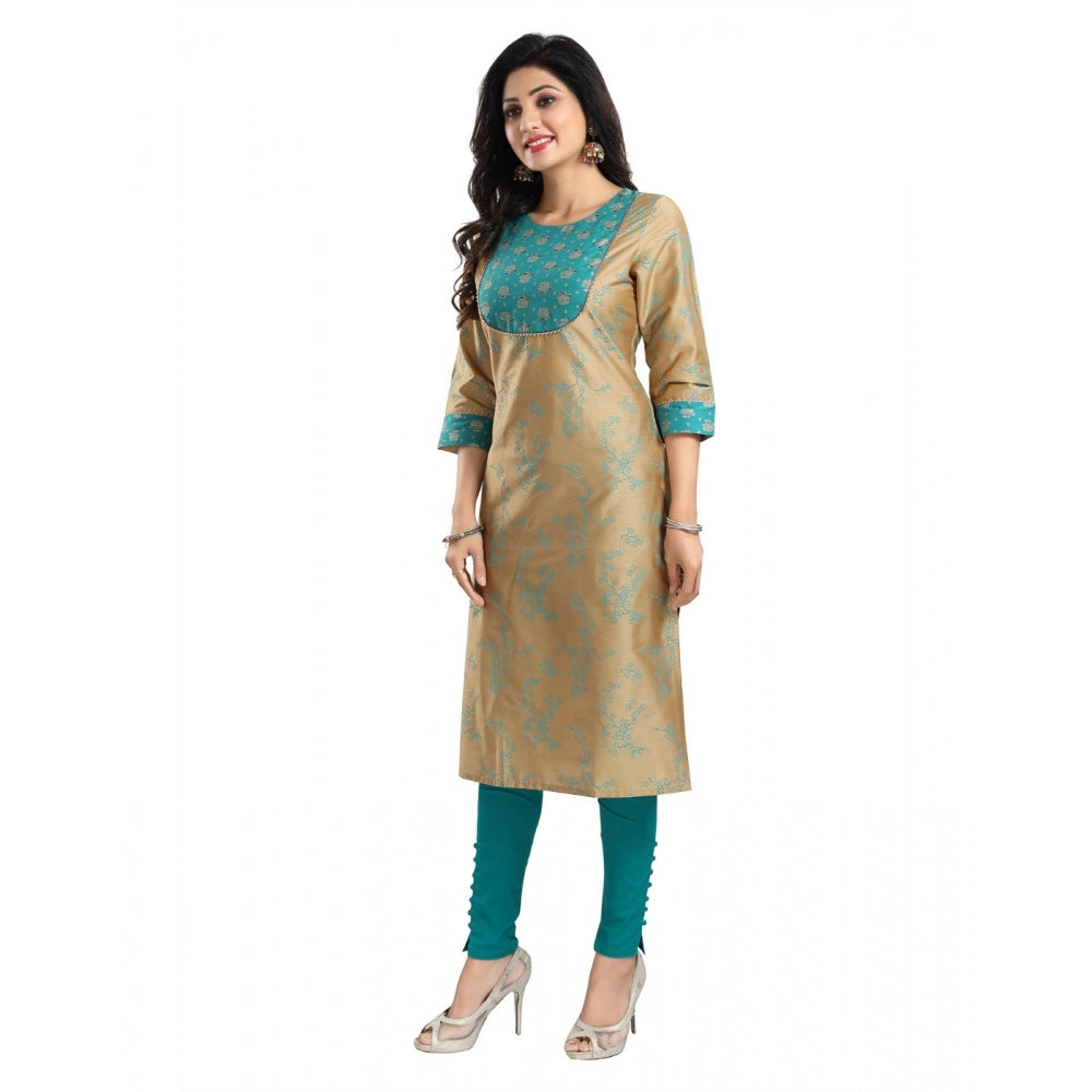 Generic Women's 3/4th Sleeve Silk Blend Tunic Long Kurti (Beige)