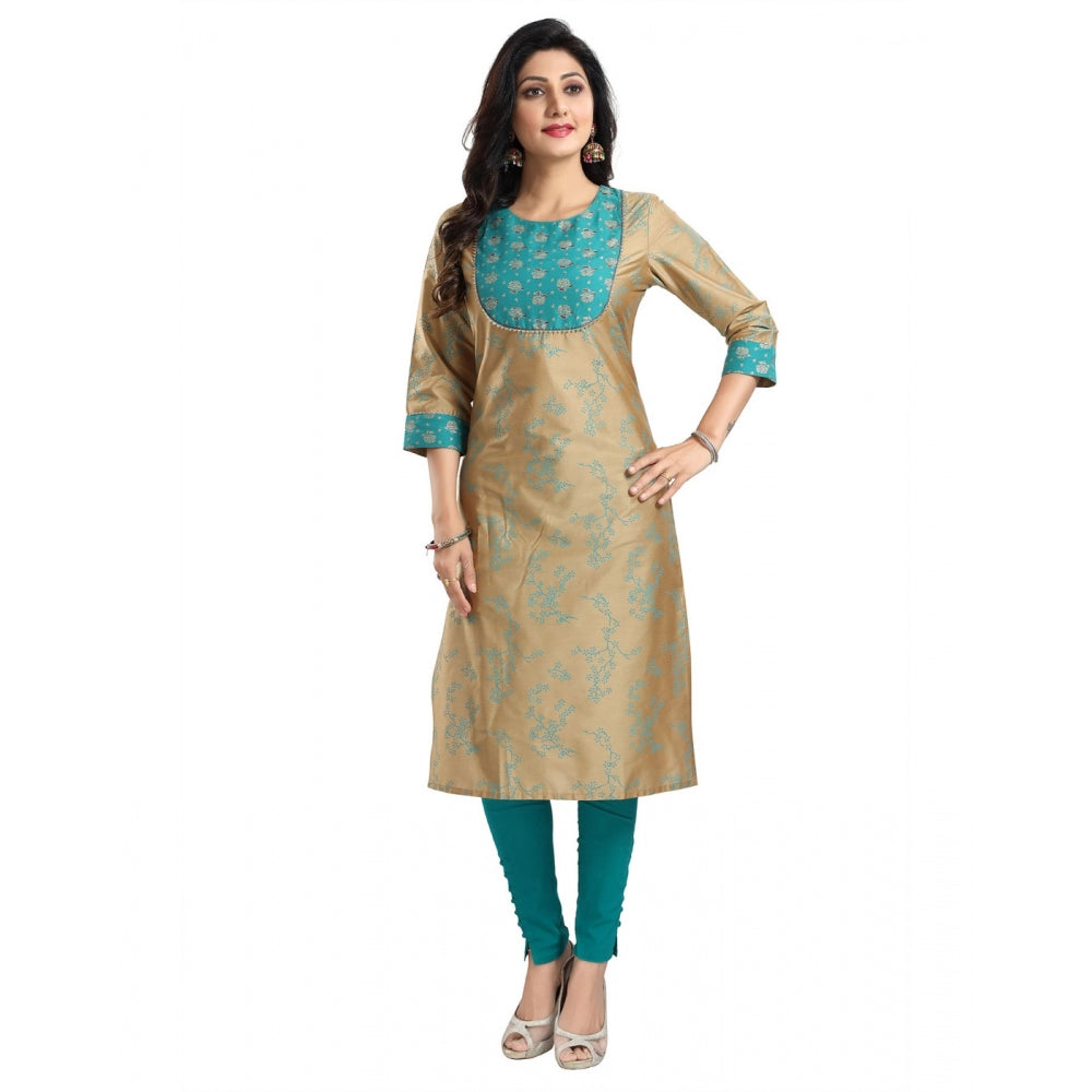 Generic Women's 3/4th Sleeve Silk Blend Tunic Long Kurti (Beige)