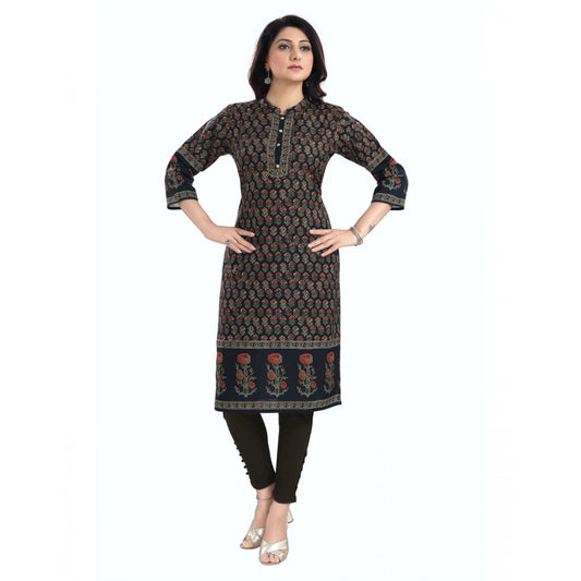 Generic Women's 3/4th Sleeve Cotton Blend Tunic Long Kurti (Black)