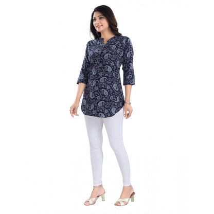 Generic Women's 3/4th Sleeve Polyester Tunic Short Top (Blue)