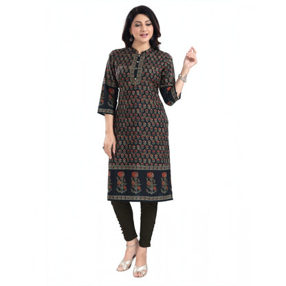 Generic Women's 3/4th Sleeve Cotton Blend Tunic Long Kurti (Black)